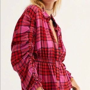Free People Pacific Dawn Drawstring Plaid Top